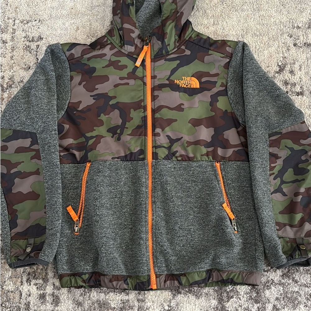 The North Face Kids Camo and Gray Hoodie with Orange Accents